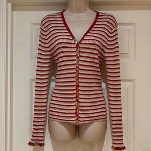 NWOT ESS Striped Red and White Embellished Women's Silk Sweater Cardigan Size M